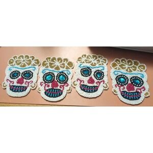 Unique Female Sugar Skull Beaded WHT TEAL RED Coasters Halloween Day of dead 4pc